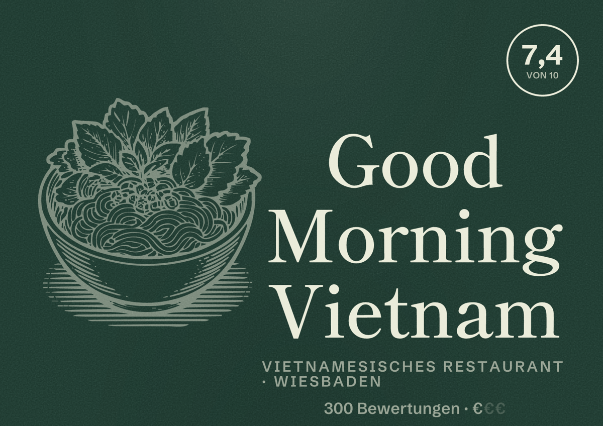Illustriertes Poster von Good Morning Vietnam, Vietnamesisches Restaurant in Wiesbaden: Bewertung 7,4 von 10 aus 300 Bewertungen, Preisniveau €