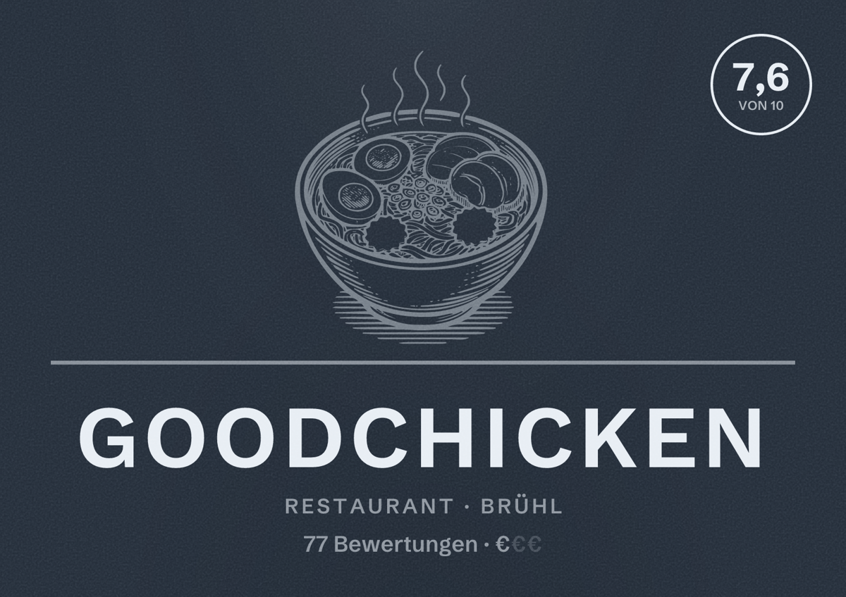 Illustriertes Poster von GoodChicken, Restaurant in Brühl: Bewertung 7,6 von 10 aus 77 Bewertungen, Preisniveau €