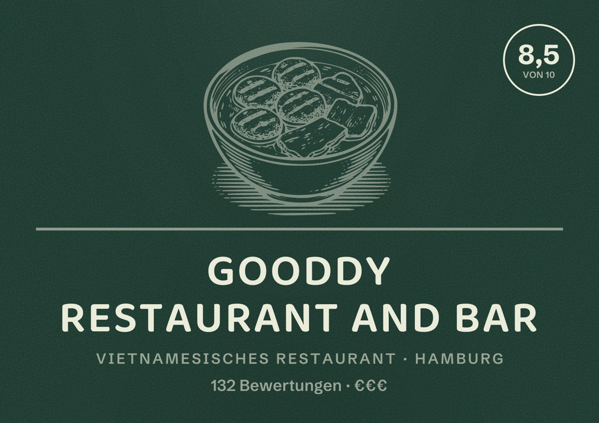 Illustriertes Poster von Gooddy Restaurant and Bar, Vietnamesisches Restaurant in Hamburg: Bewertung 8,5 von 10 aus 132 Bewertungen, Preisniveau €€€