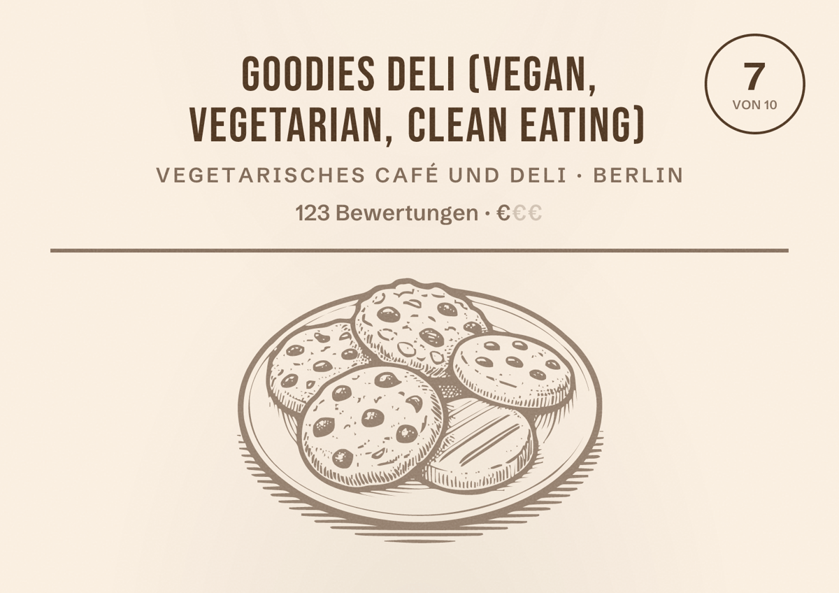 Illustriertes Poster von goodies deli (vegan, vegetarian, clean eating), Vegetarisches Café und Deli in Berlin: Bewertung 7,0 von 10 aus 123 Bewertungen, Preisniveau €