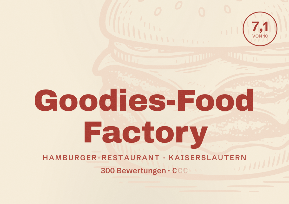 Illustriertes Poster von Goodies-Food Factory, Hamburger-Restaurant in Kaiserslautern: Bewertung 7,1 von 10 aus 300 Bewertungen, Preisniveau €