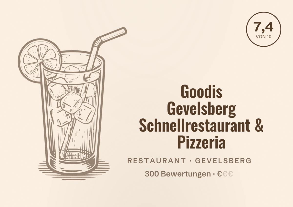 Illustriertes Poster von Goodis Gevelsberg Schnellrestaurant & Pizzeria, Restaurant in Gevelsberg: Bewertung 7,4 von 10 aus 300 Bewertungen, Preisniveau €