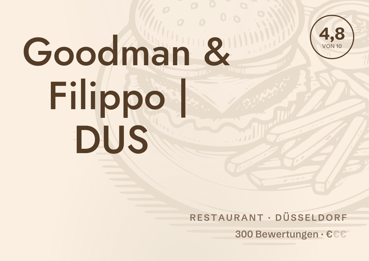 Illustriertes Poster von Goodman & Filippo | DUS, Restaurant in Düsseldorf: Bewertung 4,8 von 10 aus 300 Bewertungen, Preisniveau €