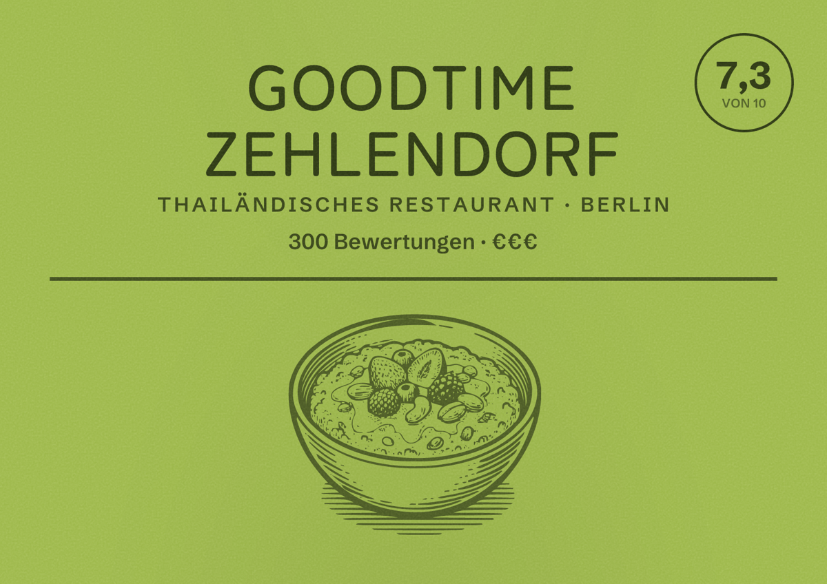 Illustriertes Poster von Goodtime Zehlendorf, Thailändisches Restaurant in Berlin: Bewertung 7,3 von 10 aus 300 Bewertungen, Preisniveau €€€