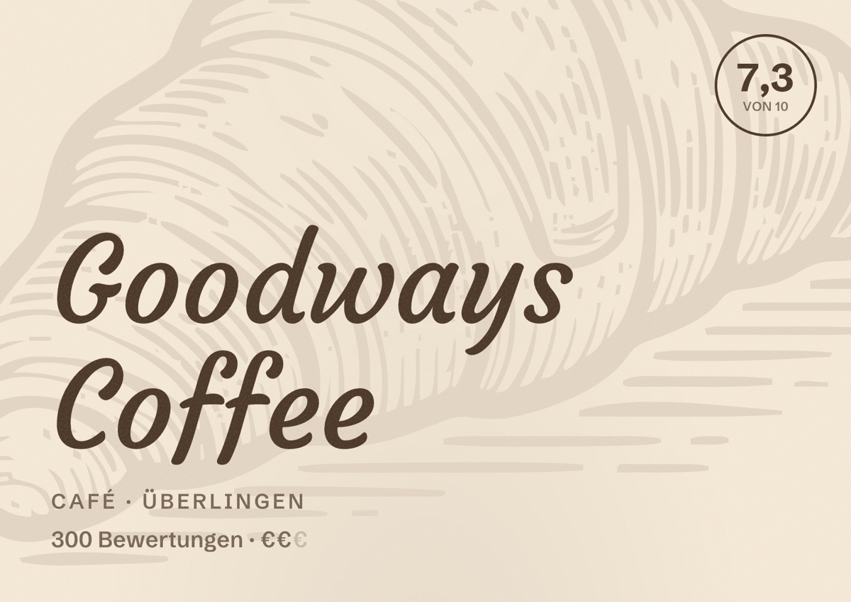 Illustriertes Poster von Goodways Coffee, Café in Überlingen: Bewertung 7,3 von 10 aus 300 Bewertungen, Preisniveau €€