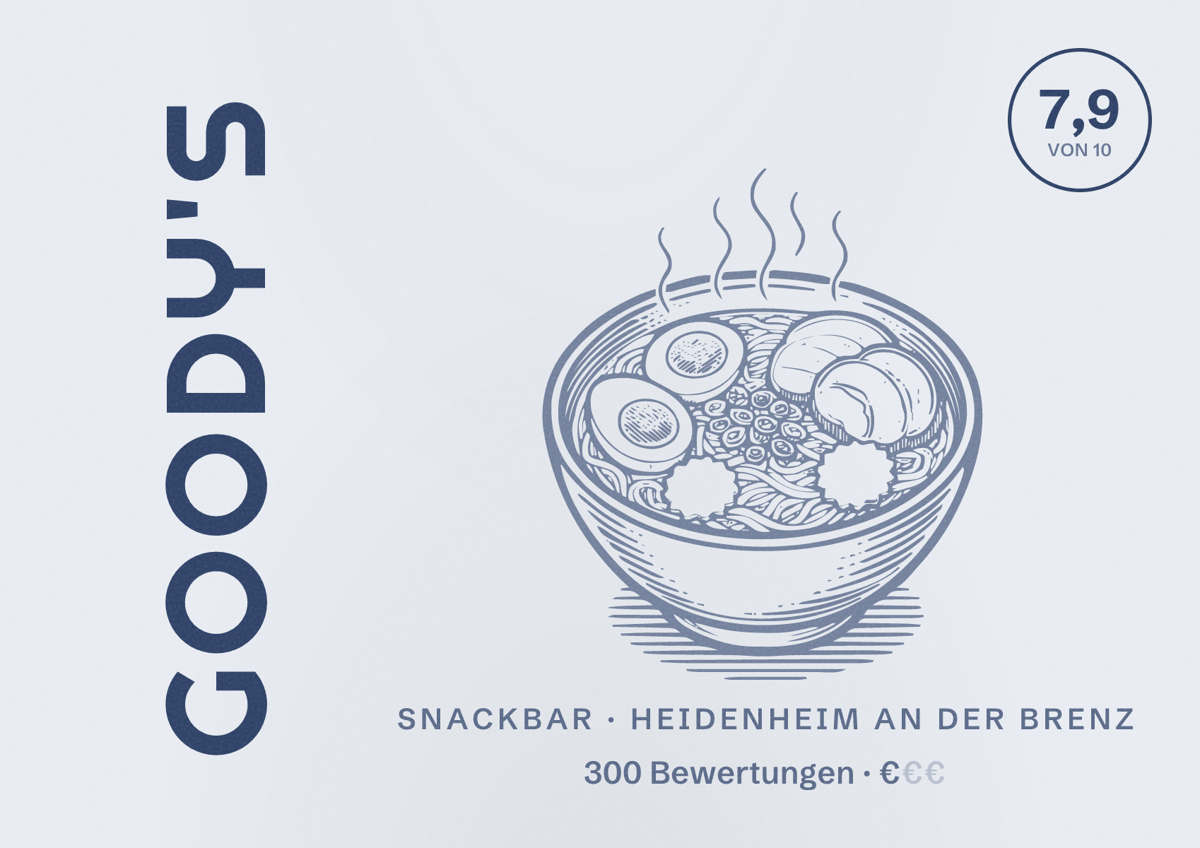 Illustriertes Poster von Goody's, Snackbar in Heidenheim an der Brenz: Bewertung 7,9 von 10 aus 300 Bewertungen, Preisniveau €