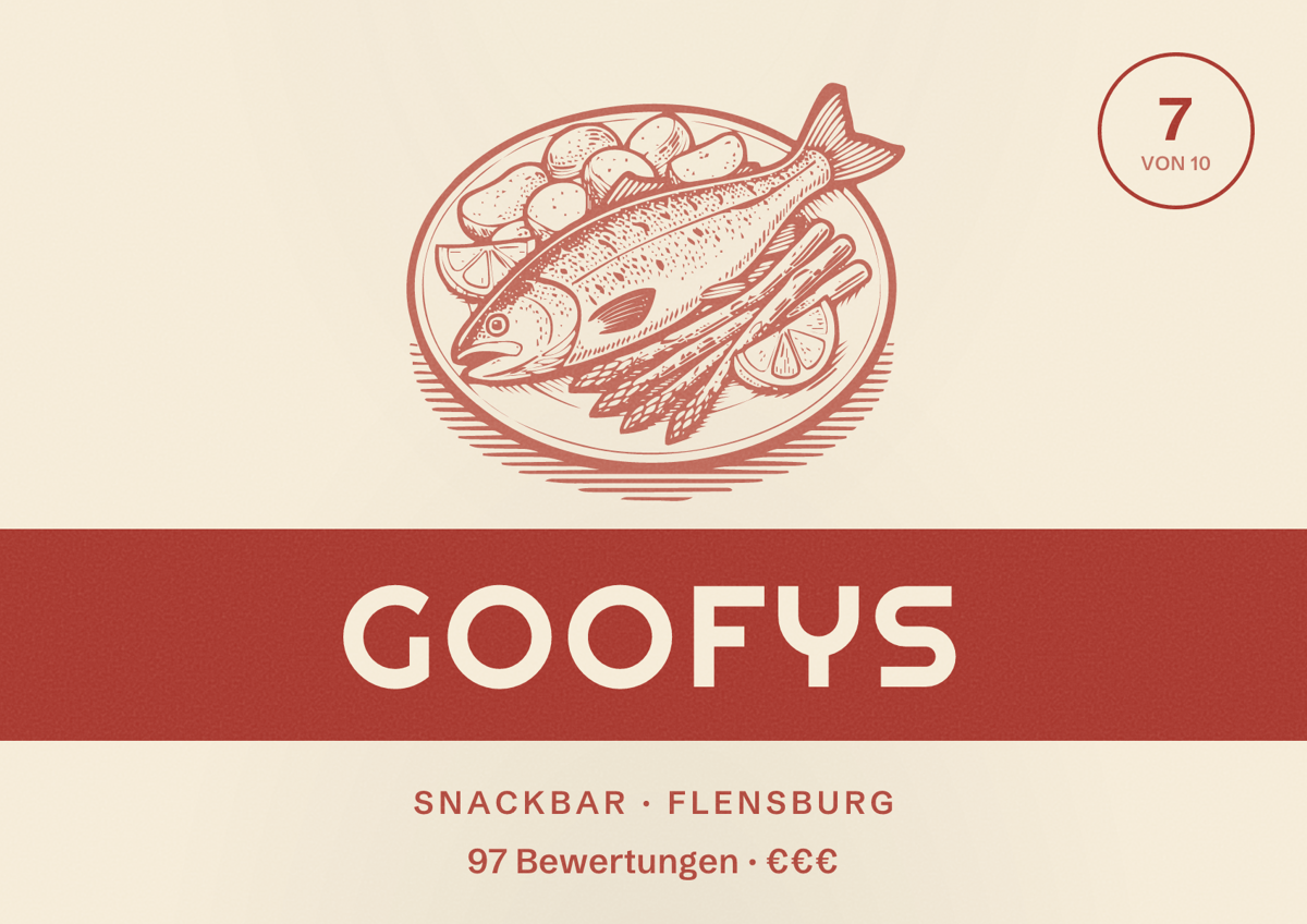 Illustriertes Poster von Goofys, Snackbar in Flensburg: Bewertung 7 von 10 aus 97 Bewertungen, Preisniveau €€€