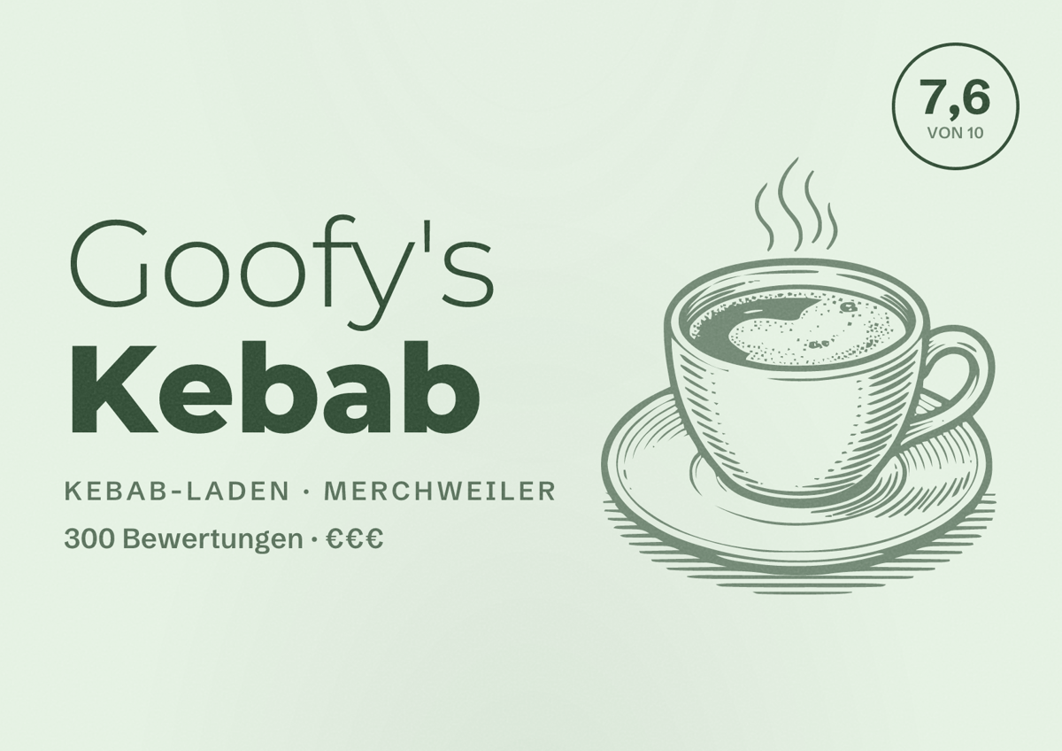 Illustriertes Poster von Goofy's Kebab, Kebab-Laden in Merchweiler: Bewertung 7,6 von 10 aus 300 Bewertungen, Preisniveau €€€
