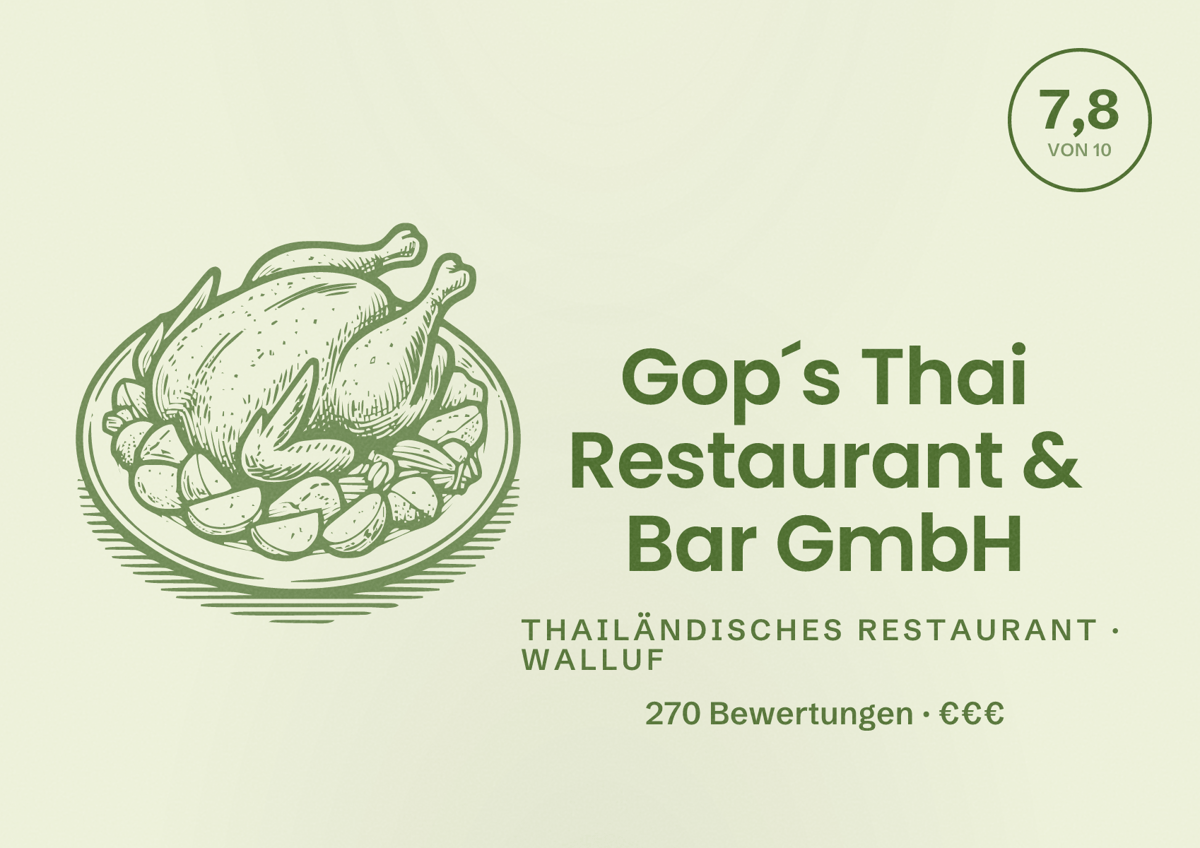 Illustriertes Poster von Gop´s Thai Restaurant & Bar GmbH, Thailändisches Restaurant in Walluf: Bewertung 7,8 von 10 aus 270 Bewertungen, Preisniveau €€€