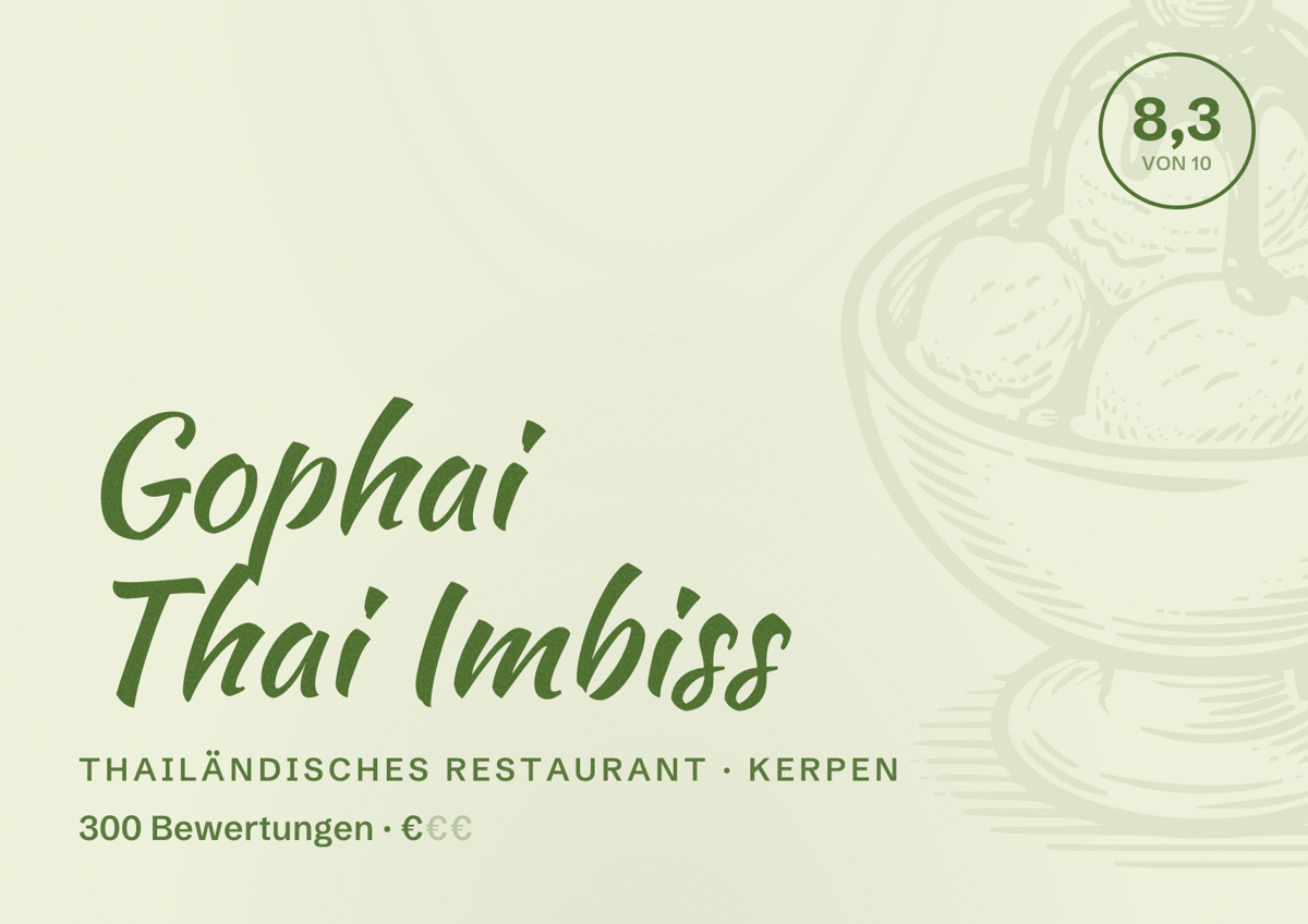 Illustriertes Poster von Gophai Thai Imbiss, Thailändisches Restaurant in Kerpen: Bewertung 8,3 von 10 aus 300 Bewertungen, Preisniveau €