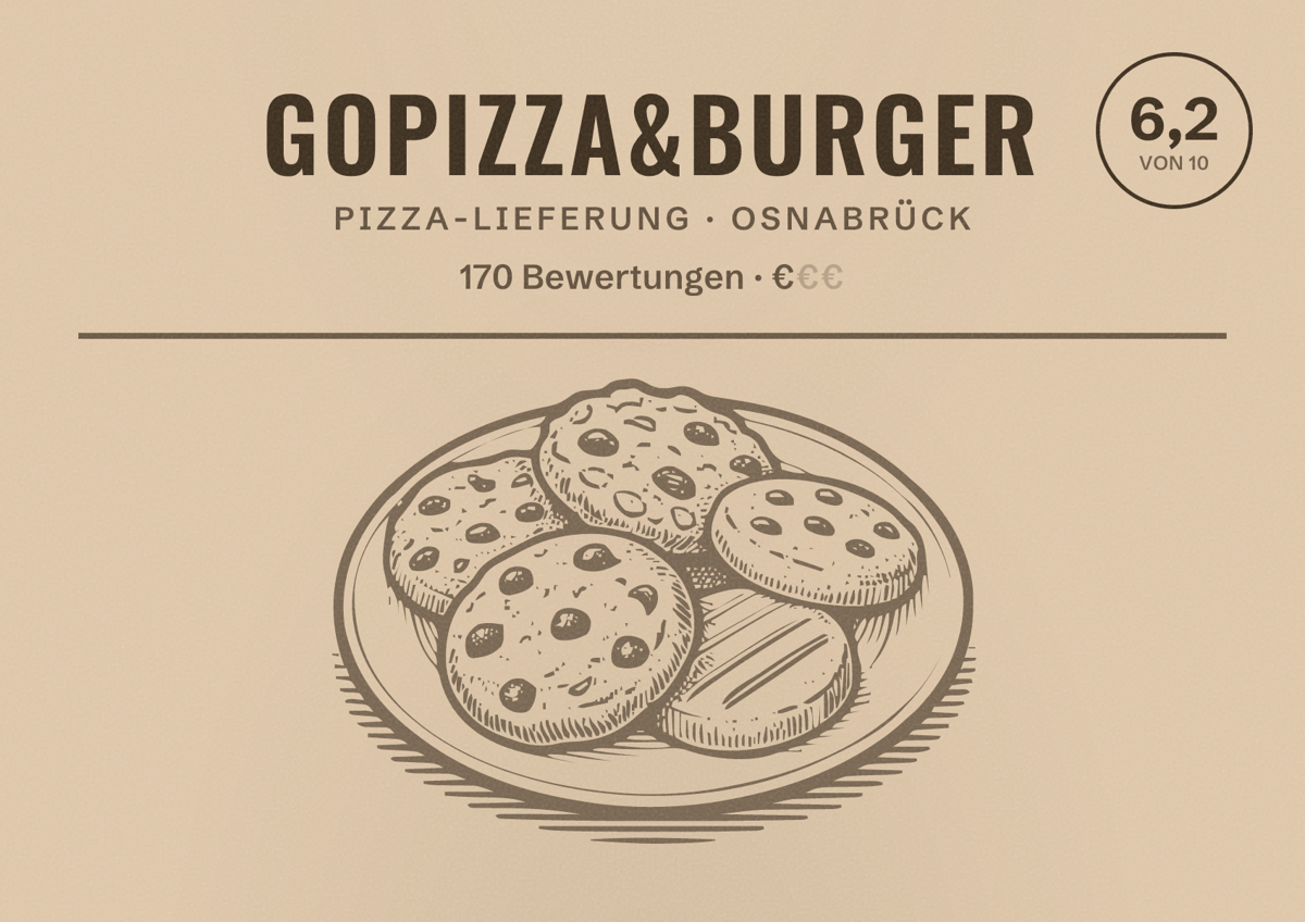 Illustriertes Poster von GoPizza&Burger, Pizza-Lieferung in Osnabrück: Bewertung 6,2 von 10 aus 170 Bewertungen, Preisniveau €