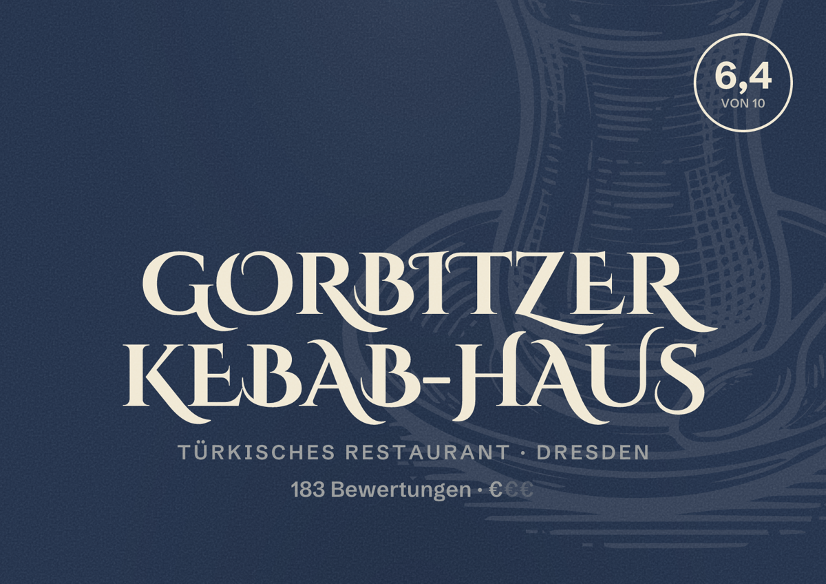 Illustriertes Poster von Gorbitzer Kebab-Haus, Türkisches Restaurant in Dresden: Bewertung 6,4 von 10 aus 183 Bewertungen, Preisniveau €