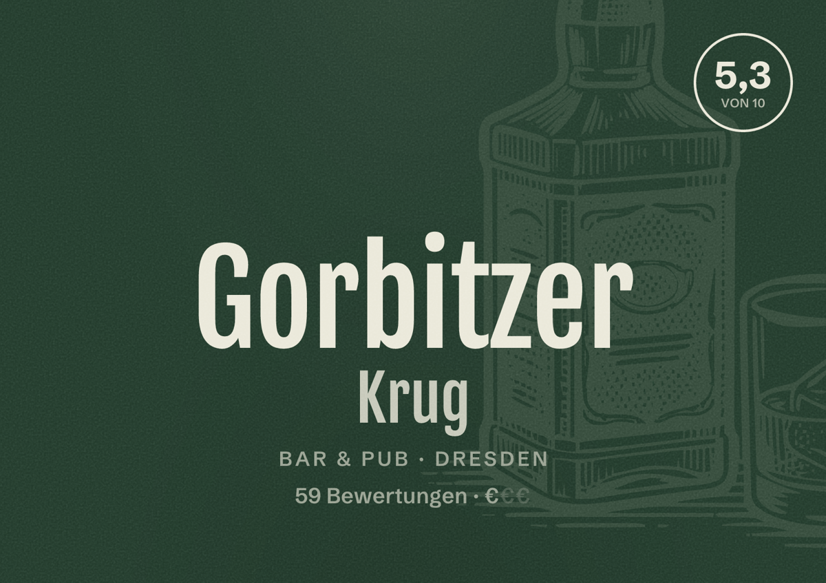 Illustriertes Poster von Gorbitzer Krug, Bar & Pub in Dresden: Bewertung 5,3 von 10 aus 59 Bewertungen, Preisniveau €