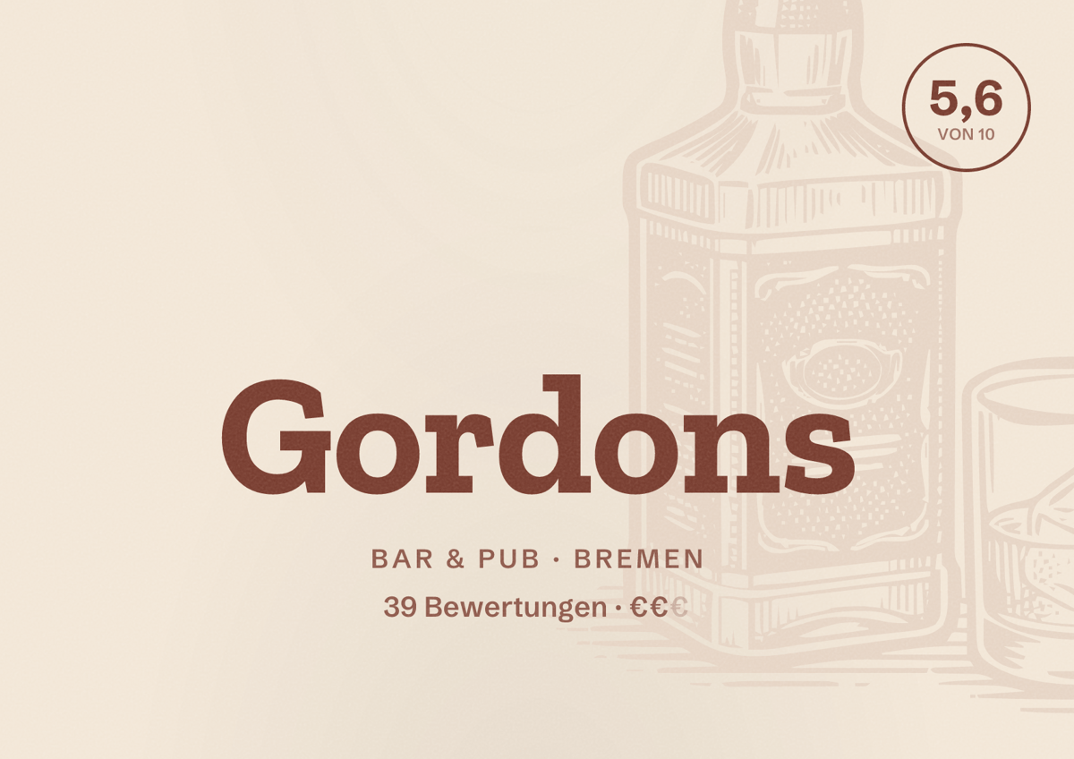 Illustriertes Poster von Gordons, Bar & Pub in Bremen: Bewertung 5,6 von 10 aus 39 Bewertungen, Preisniveau €€