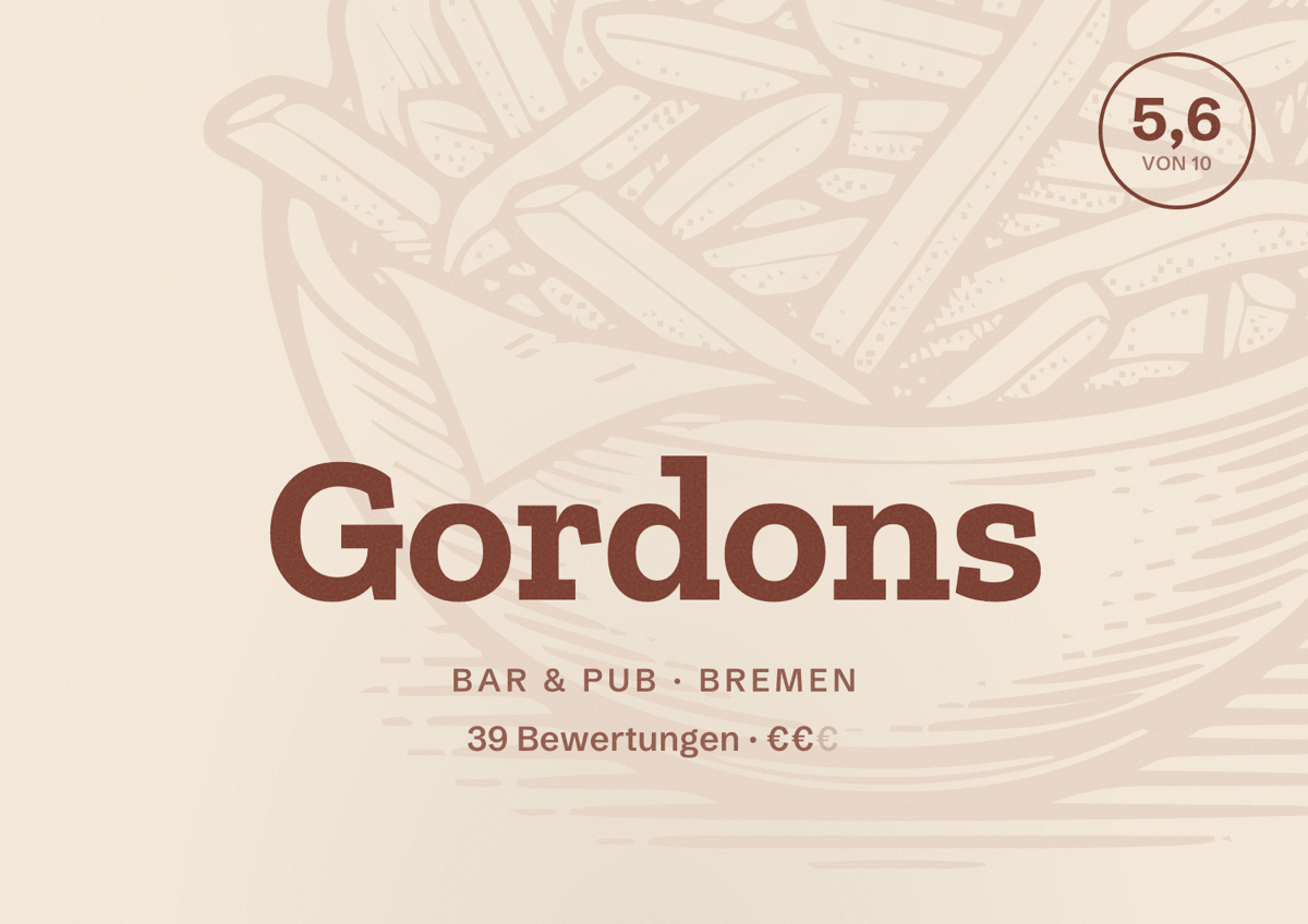 Illustriertes Poster von Gordons, Bar & Pub in Bremen: Bewertung 5,6 von 10 aus 39 Bewertungen, Preisniveau €€