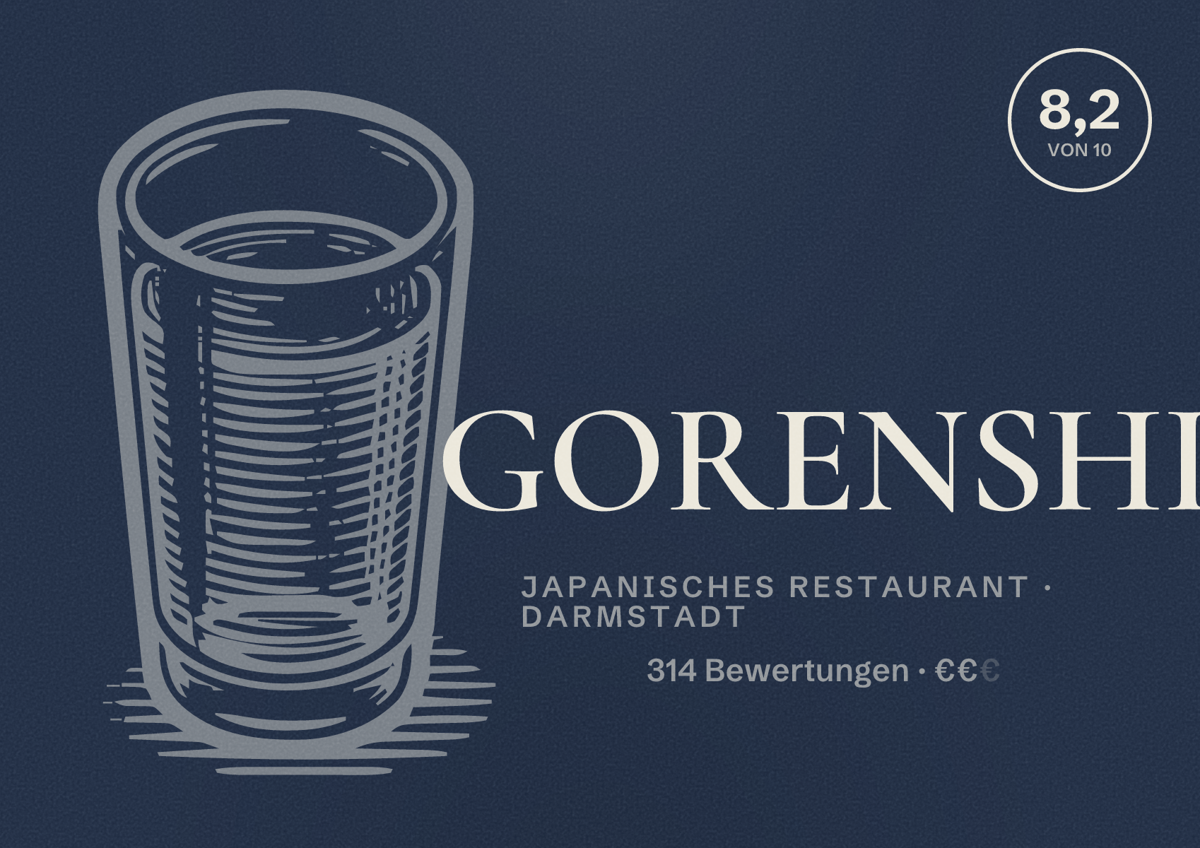 Illustriertes Poster von GORENSHI, Japanisches Restaurant in Darmstadt: Bewertung 8,2 von 10 aus 314 Bewertungen, Preisniveau €€
