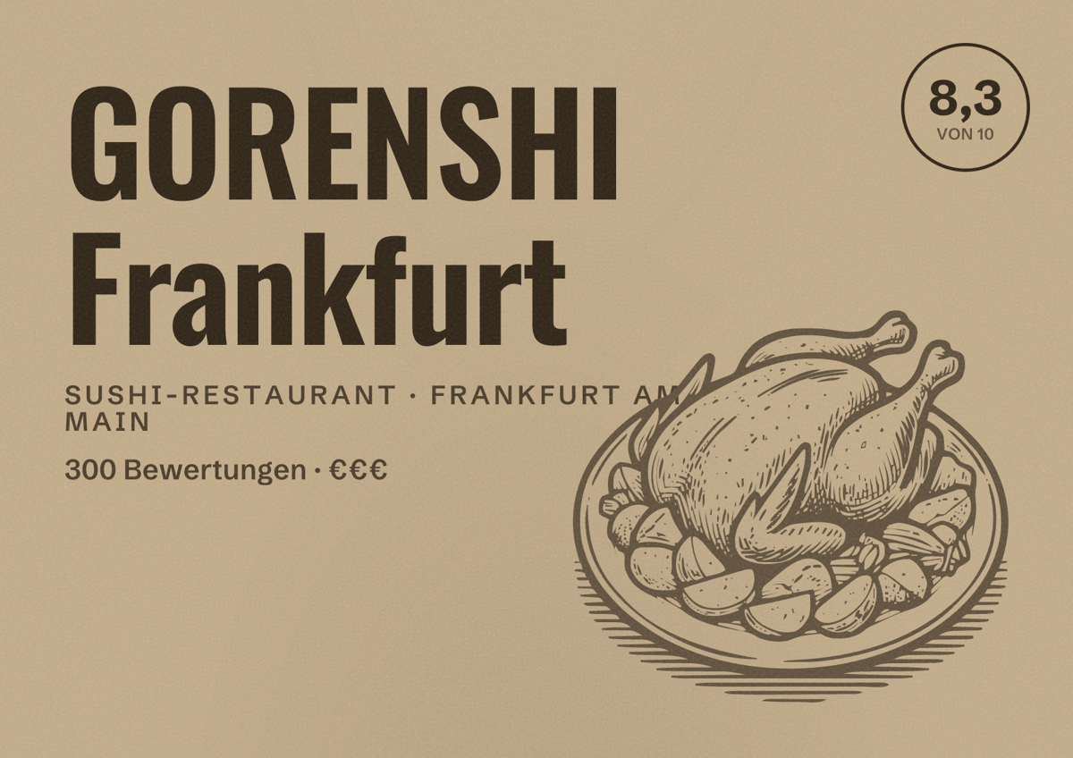 Illustriertes Poster von GORENSHI Frankfurt, Sushi-Restaurant in Frankfurt am Main: Bewertung 8,3 von 10 aus 300 Bewertungen, Preisniveau €€€