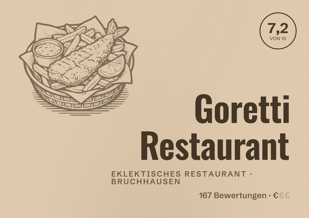 Illustriertes Poster von Goretti Restaurant, Eklektisches Restaurant in Bruchhausen: Bewertung 7,2 von 10 aus 167 Bewertungen, Preisniveau €