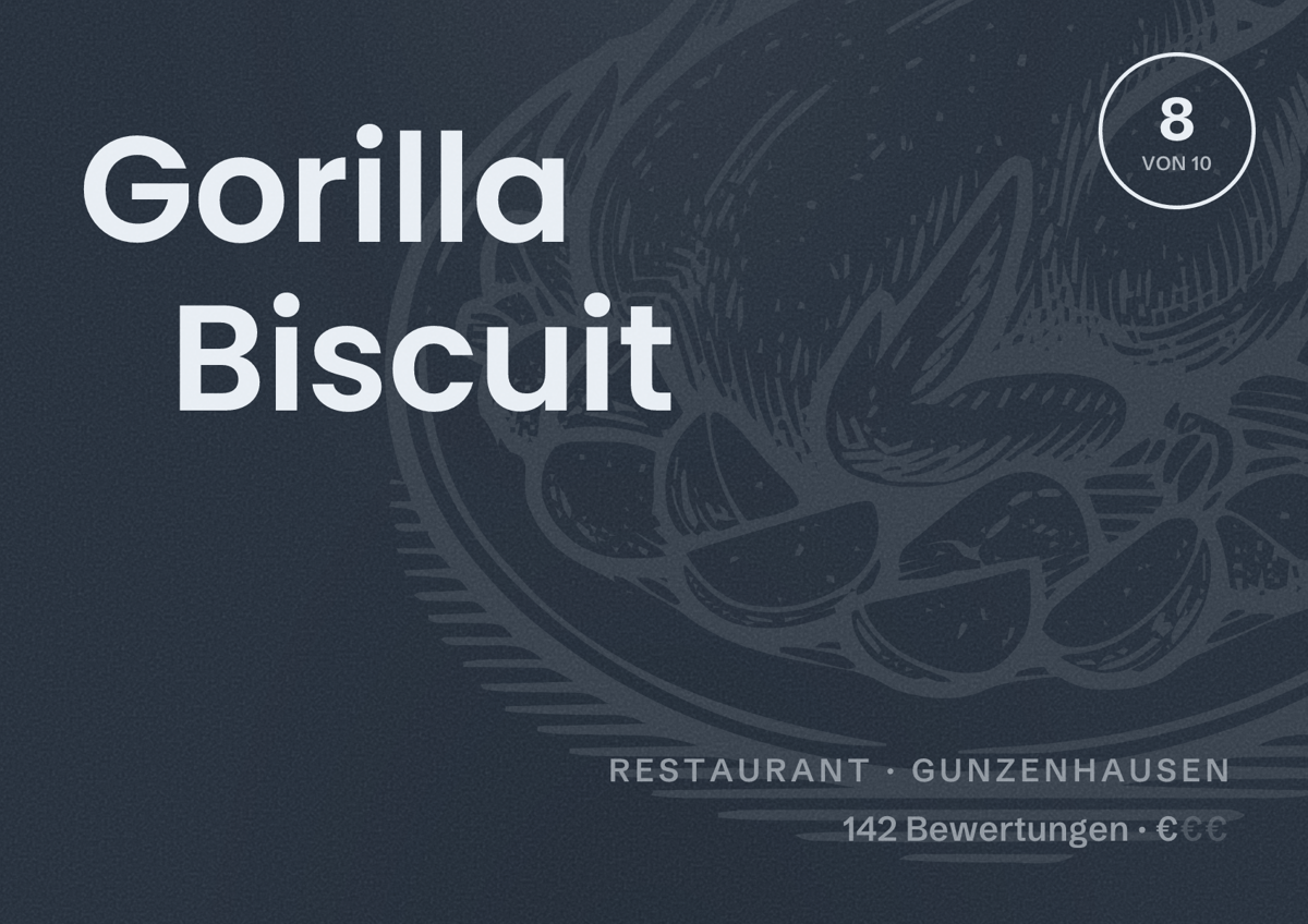 Illustriertes Poster von Gorilla Biscuit, Restaurant in Gunzenhausen: Bewertung 8 von 10 aus 142 Bewertungen, Preisniveau €