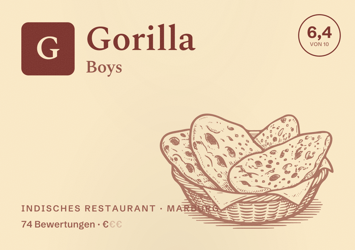 Illustriertes Poster von Gorilla Boys, Indisches Restaurant in Marburg: Bewertung 6,4 von 10 aus 74 Bewertungen, Preisniveau €
