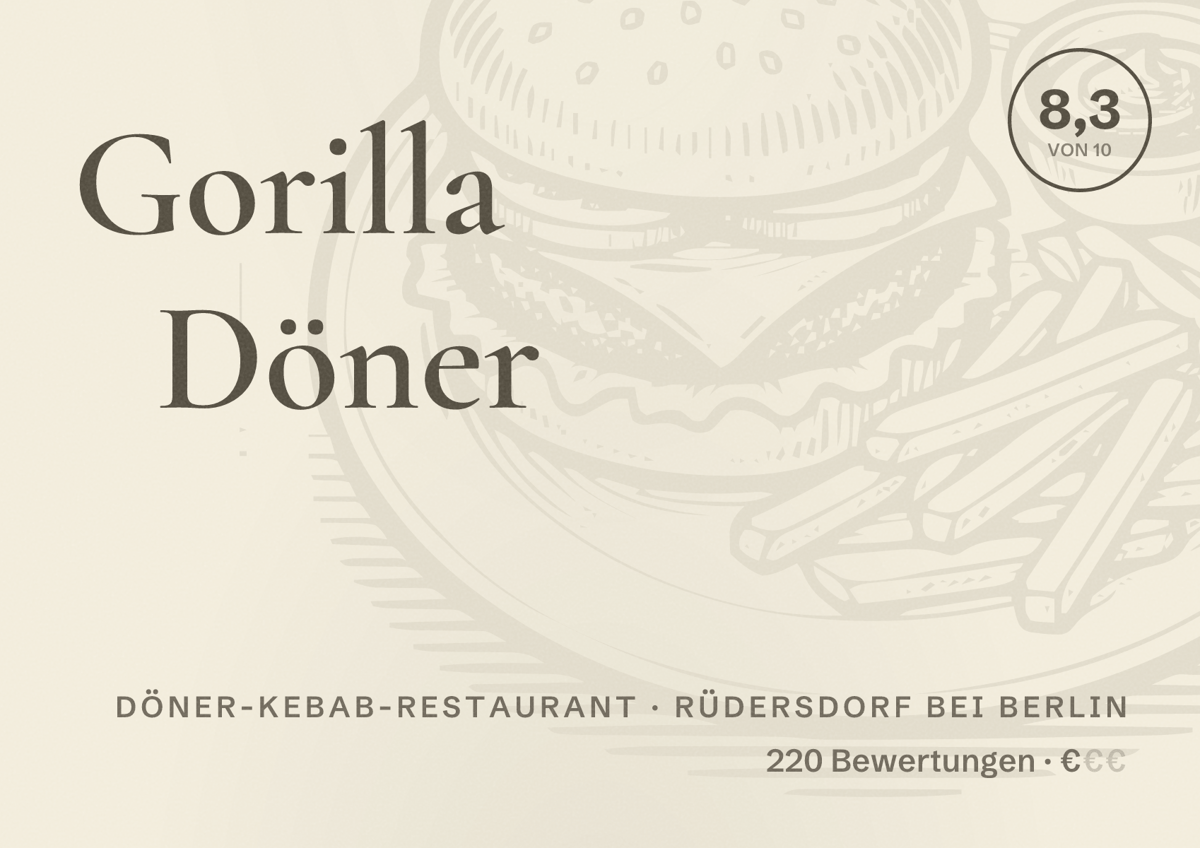 Illustriertes Poster von Gorilla Döner, Döner-Kebab-Restaurant in Rüdersdorf bei Berlin: Bewertung 8,3 von 10 aus 220 Bewertungen, Preisniveau €