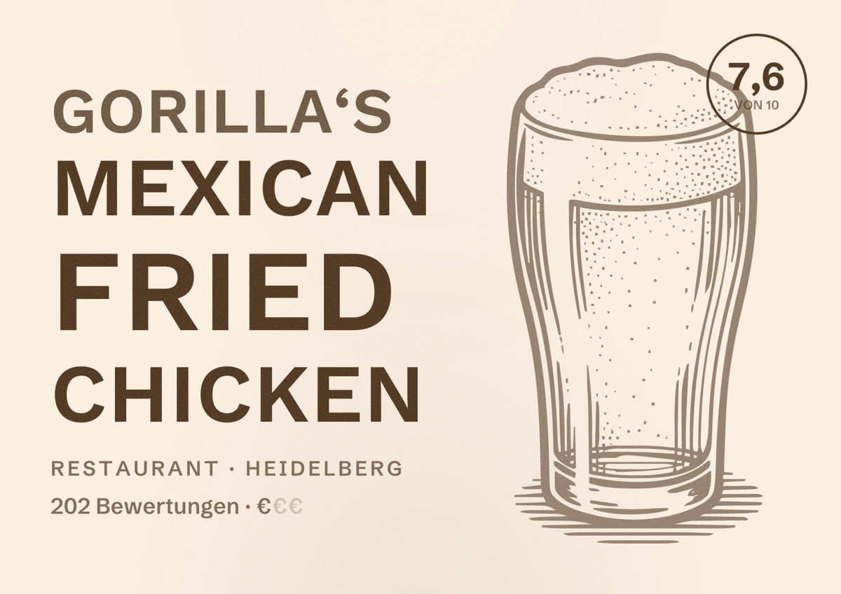 Illustriertes Poster von Gorilla‘s Mexican Fried Chicken, Restaurant in Heidelberg: Bewertung 7,6 von 10 aus 202 Bewertungen, Preisniveau €