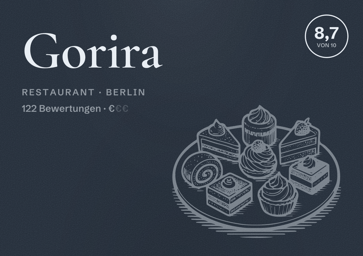 Illustriertes Poster von Gorira, Restaurant in Berlin: Bewertung 8,7 von 10 aus 122 Bewertungen, Preisniveau €