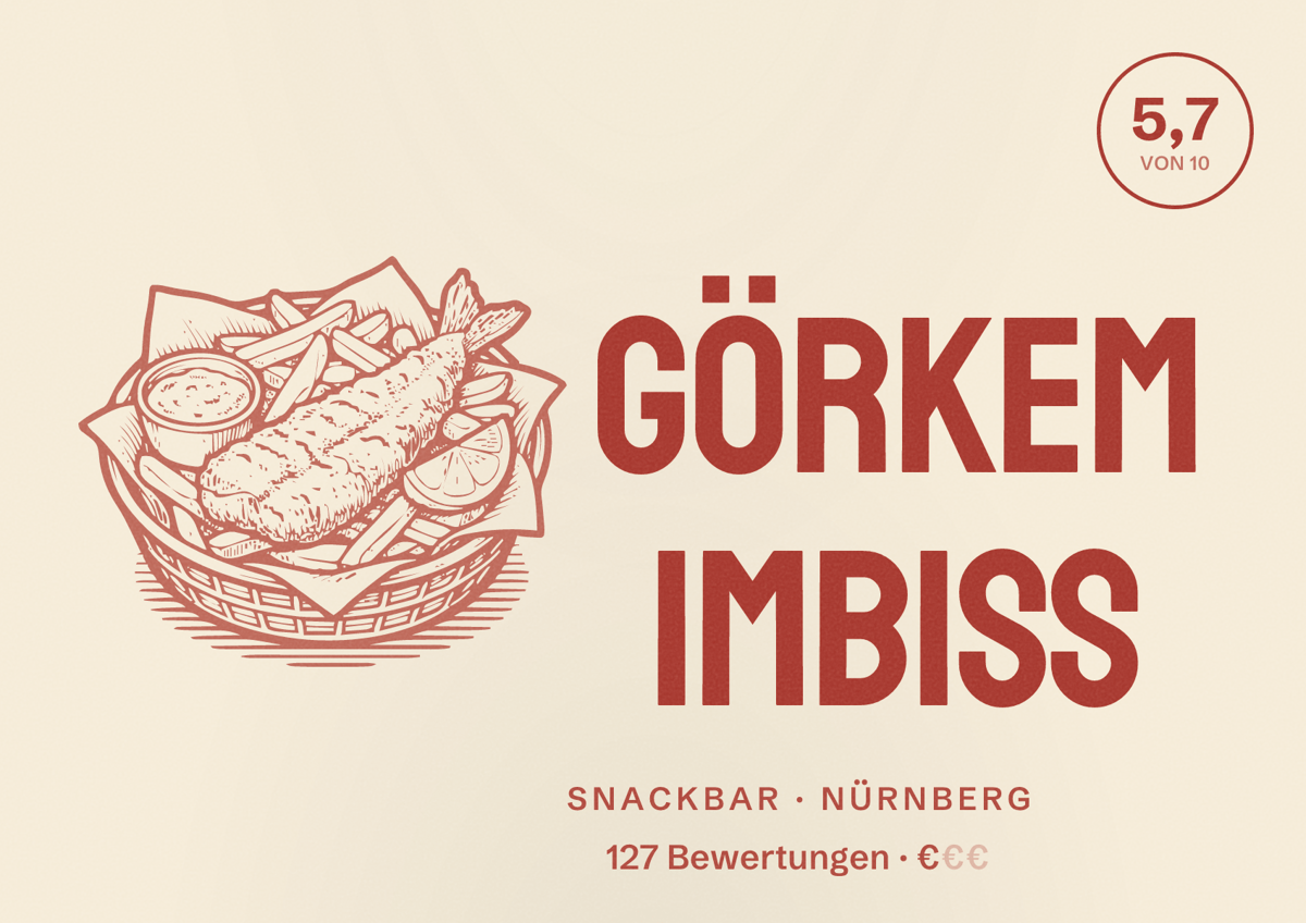 Illustriertes Poster von Görkem Imbiss, Snackbar in Nürnberg: Bewertung 5,7 von 10 aus 127 Bewertungen, Preisniveau €