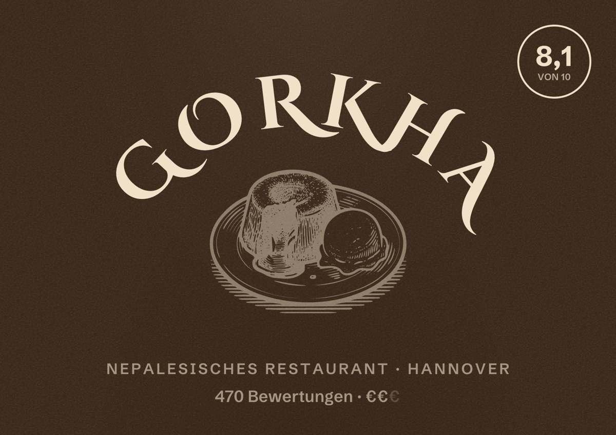 Illustriertes Poster von Gorkha, Nepalesisches Restaurant in Hannover: Bewertung 8,1 von 10 aus 470 Bewertungen, Preisniveau €€
