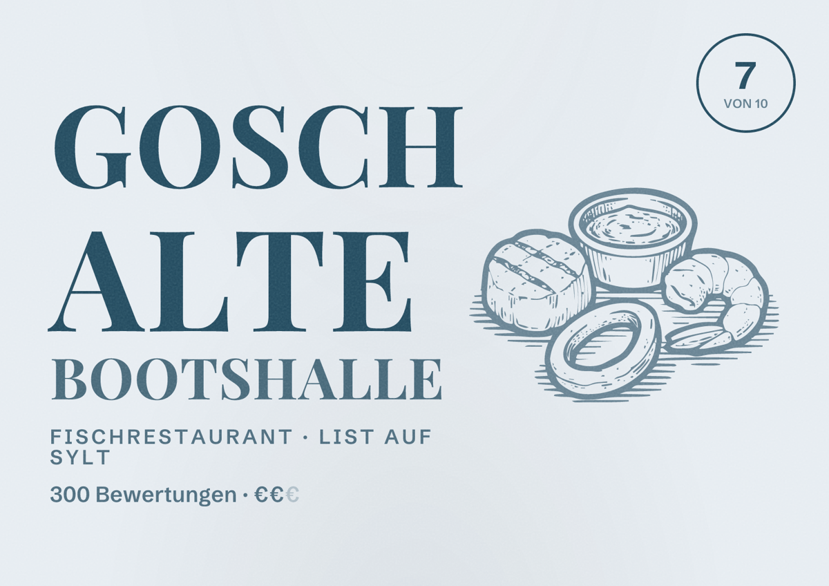 Illustriertes Poster von GOSCH Alte Bootshalle, Fischrestaurant in List auf Sylt: Bewertung 7 von 10 aus 300 Bewertungen, Preisniveau €€