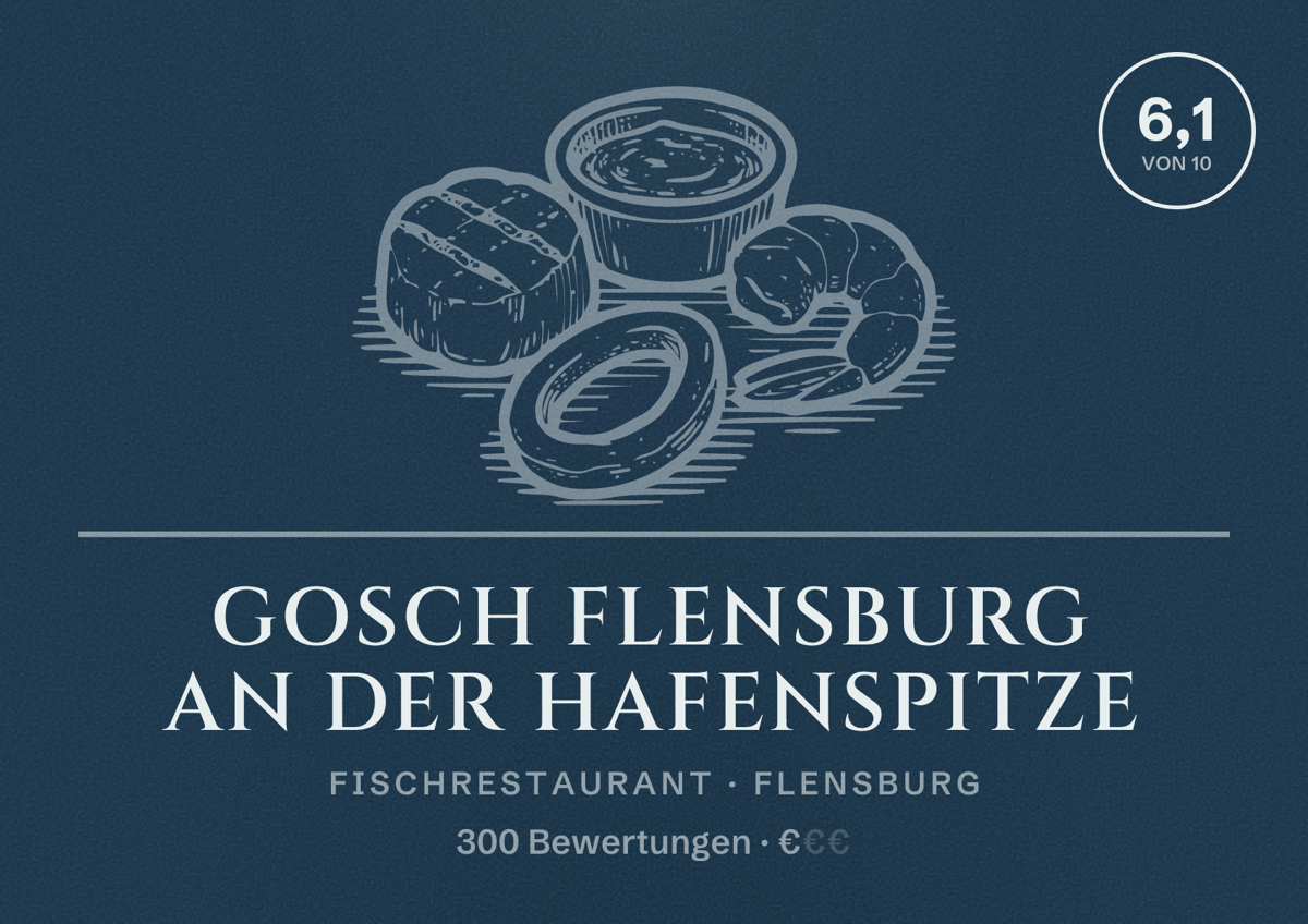 Illustriertes Poster von GOSCH Flensburg an der Hafenspitze, Fischrestaurant in Flensburg: Bewertung 6,1 von 10 aus 300 Bewertungen, Preisniveau €