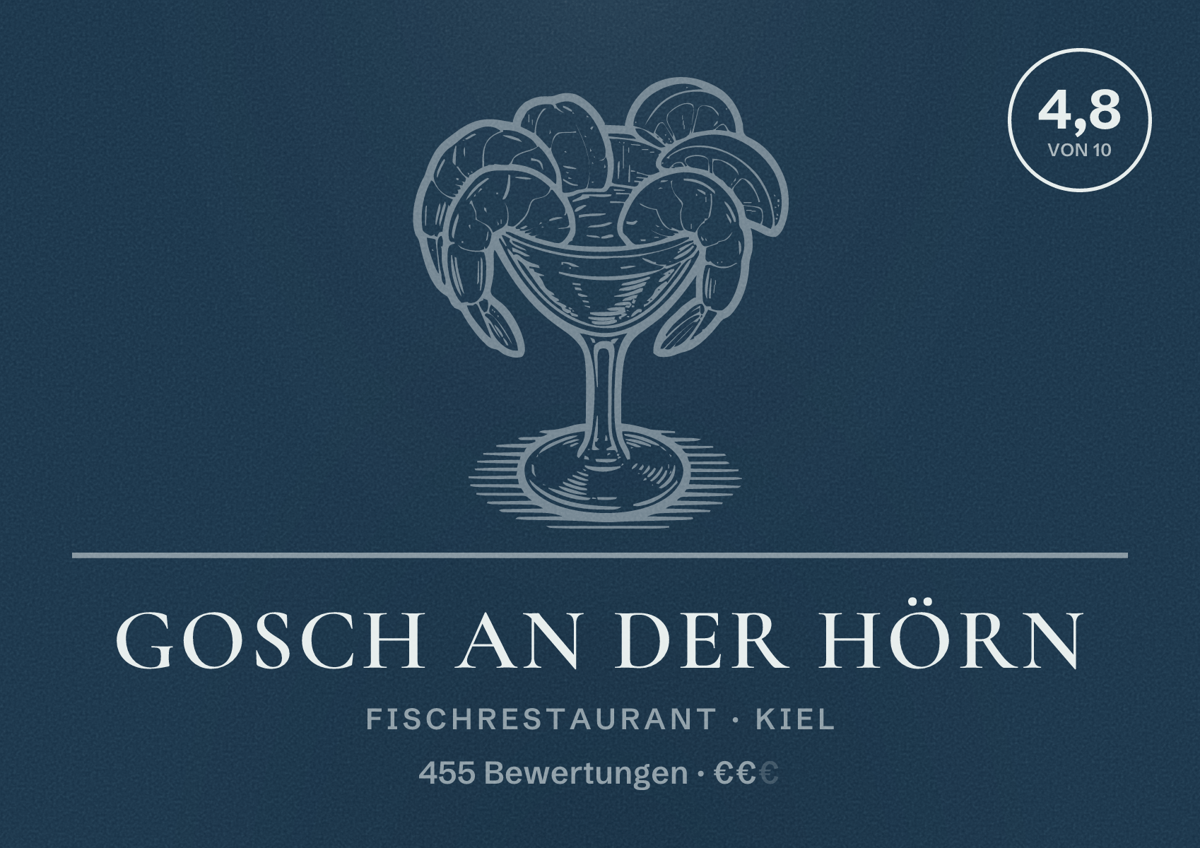Illustriertes Poster von Gosch an der Hörn, Fischrestaurant in Kiel: Bewertung 4,8 von 10 aus 455 Bewertungen, Preisniveau €€
