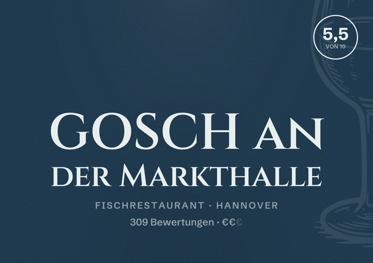 Illustriertes Poster von GOSCH an der Markthalle, Fischrestaurant in Hannover: Bewertung 5,5 von 10 aus 309 Bewertungen, Preisniveau €€