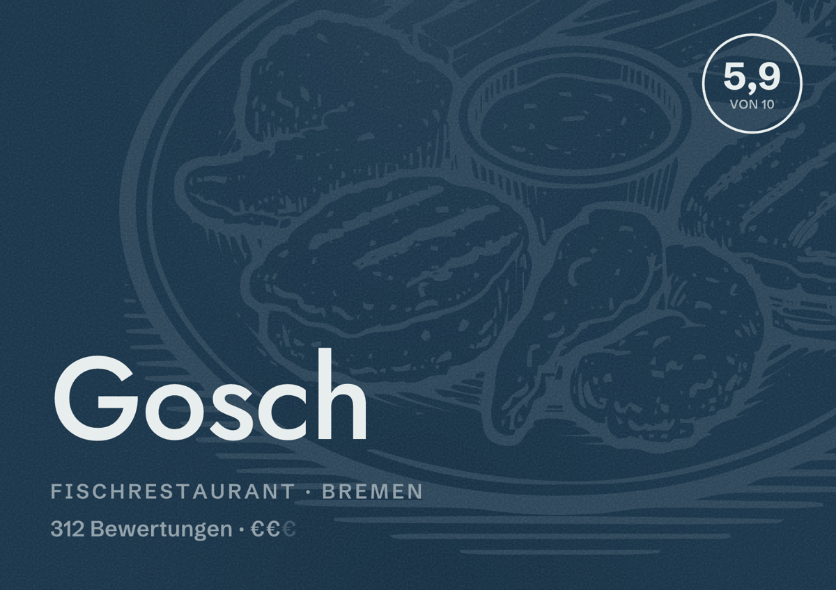 Illustriertes Poster von Gosch, Fischrestaurant in Bremen: Bewertung 5,9 von 10 aus 312 Bewertungen, Preisniveau €€