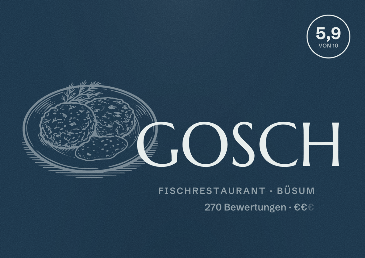 Illustriertes Poster von GOSCH, Fischrestaurant in Büsum: Bewertung 5,9 von 10 aus 270 Bewertungen, Preisniveau €€