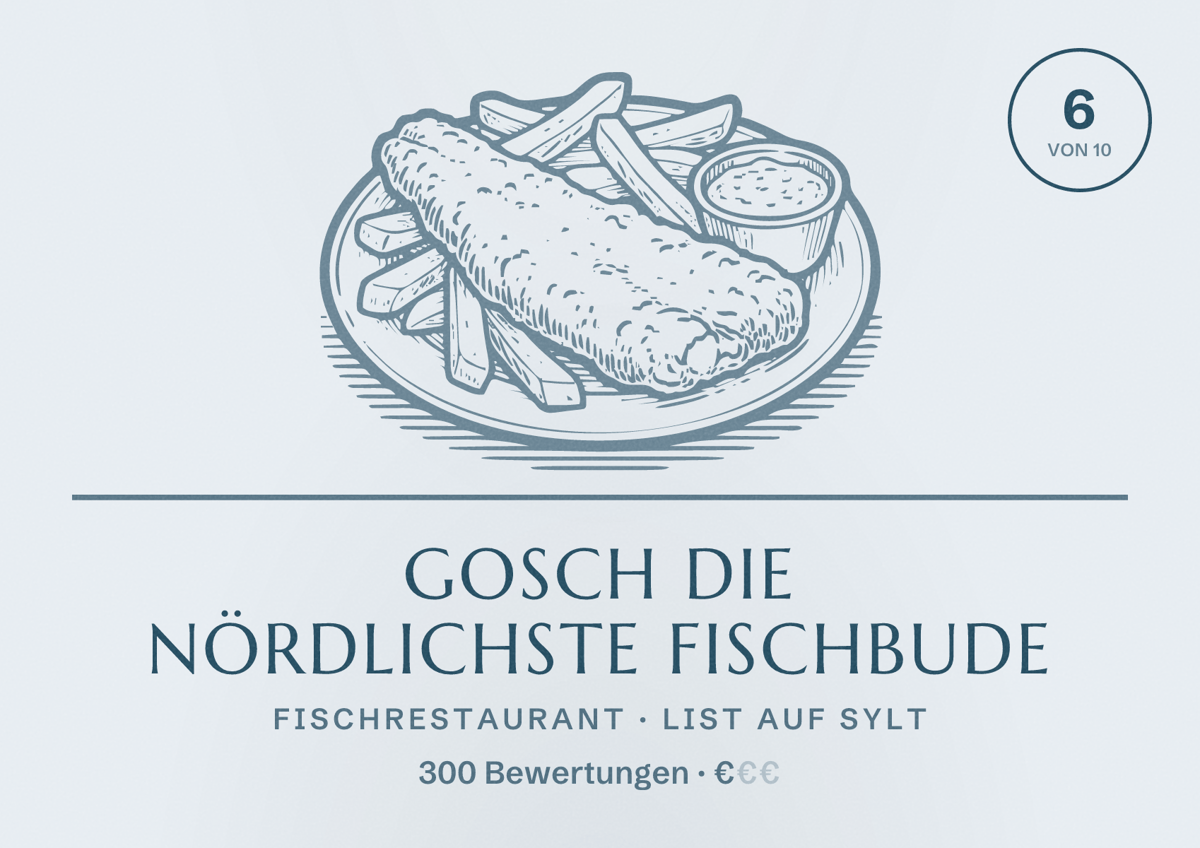 Illustriertes Poster von GOSCH Die Nördlichste Fischbude, Fischrestaurant in List auf Sylt: Bewertung 6 von 10 aus 300 Bewertungen, Preisniveau €