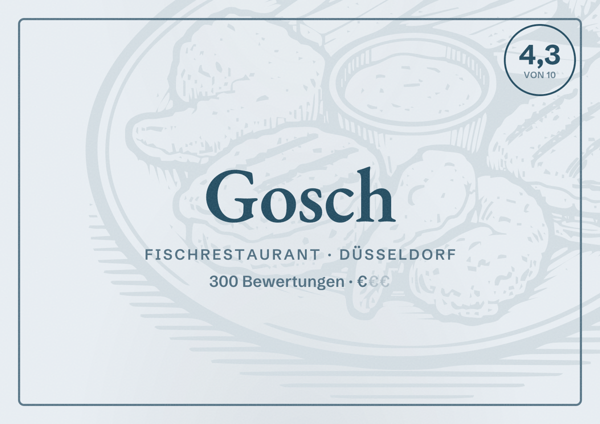 Illustriertes Poster von Gosch, Fischrestaurant in Düsseldorf: Bewertung 4,3 von 10 aus 300 Bewertungen, Preisniveau €
