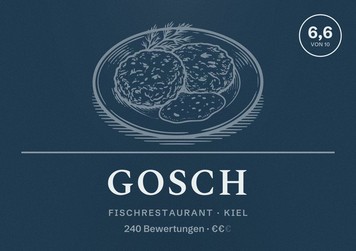 Illustriertes Poster von GOSCH, Fischrestaurant in Kiel: Bewertung 6,6 von 10 aus 240 Bewertungen, Preisniveau €€