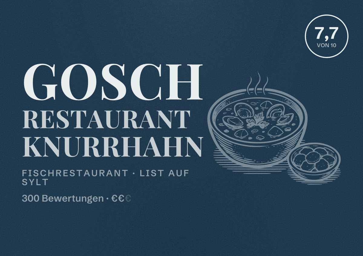 Illustriertes Poster von GOSCH Restaurant Knurrhahn, Fischrestaurant in List auf Sylt: Bewertung 7,7 von 10 aus 300 Bewertungen, Preisniveau €€