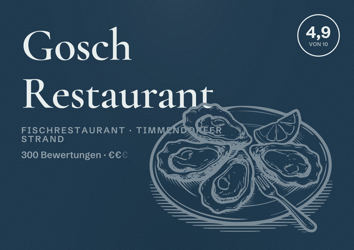 Illustriertes Poster von Gosch Restaurant, Fischrestaurant in Timmendorfer Strand: Bewertung 4,9 von 10 aus 300 Bewertungen, Preisniveau €€