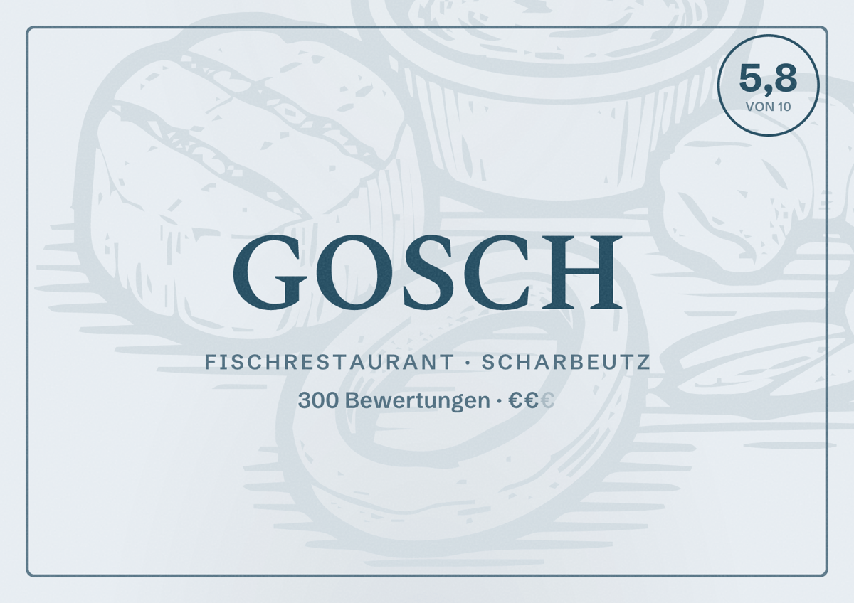 Illustriertes Poster von GOSCH, Fischrestaurant in Scharbeutz: Bewertung 5,8 von 10 aus 300 Bewertungen, Preisniveau €€