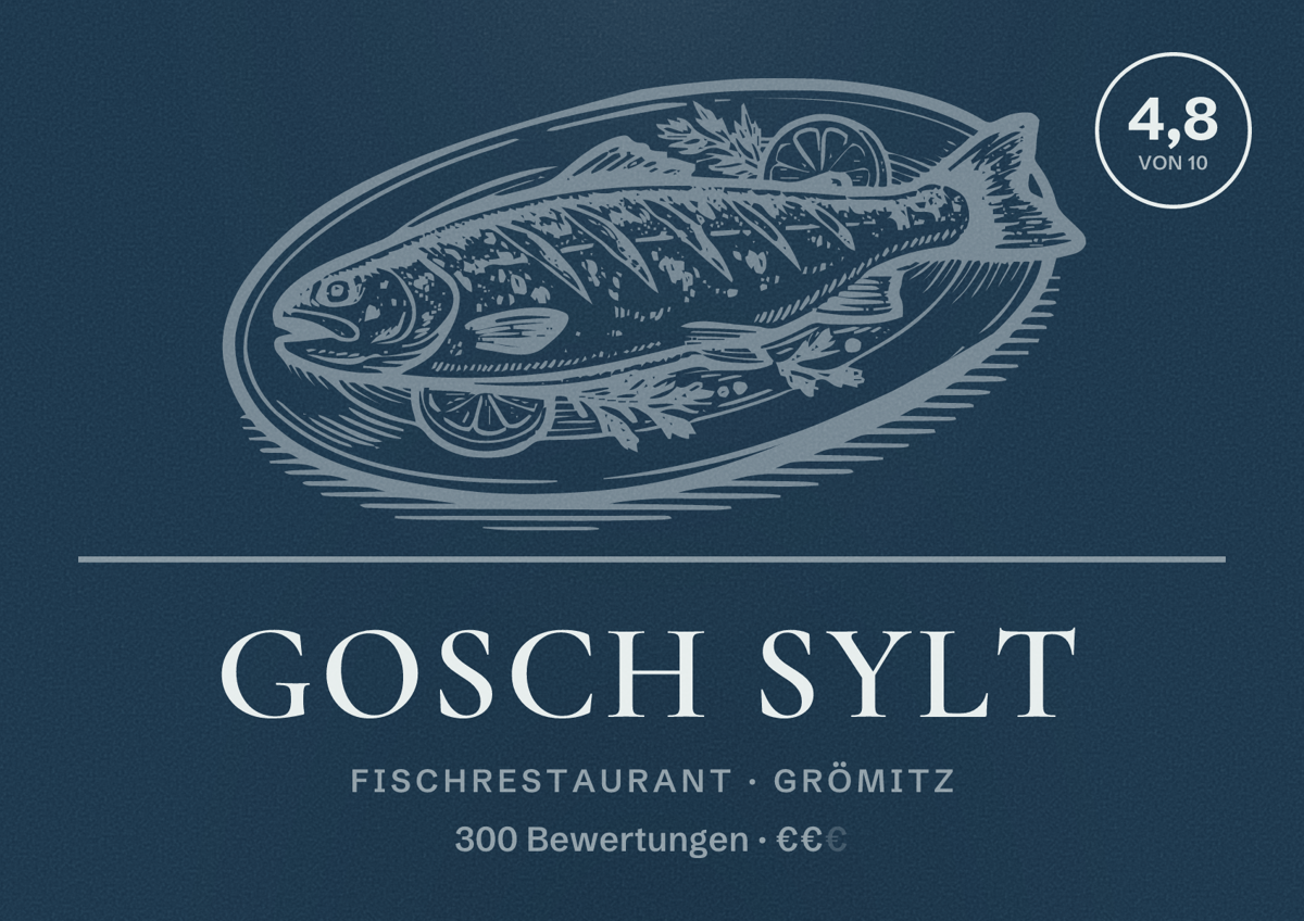 Illustriertes Poster von GOSCH SYLT, Fischrestaurant in Grömitz: Bewertung 4,8 von 10 aus 300 Bewertungen, Preisniveau €€