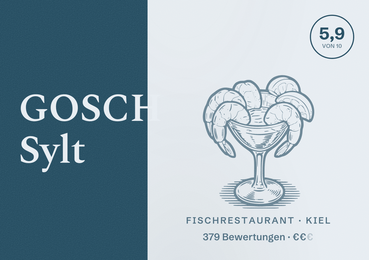 Illustriertes Poster von GOSCH Sylt, Fischrestaurant in Kiel: Gästebewertung 5,9 von 10 aus 379 Bewertungen