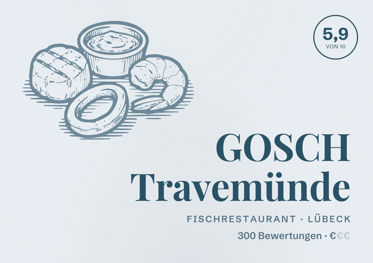 Illustriertes Poster von GOSCH Travemünde, Fischrestaurant in Lübeck: Bewertung 5,9 von 10 aus 300 Bewertungen, Preisniveau €