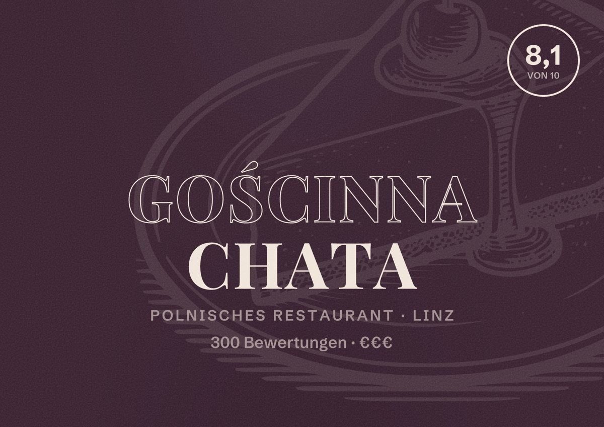Illustriertes Poster von Gościnna Chata, Polnisches Restaurant in Linz: Bewertung 8,1 von 10 aus 300 Bewertungen, Preisniveau €€€
