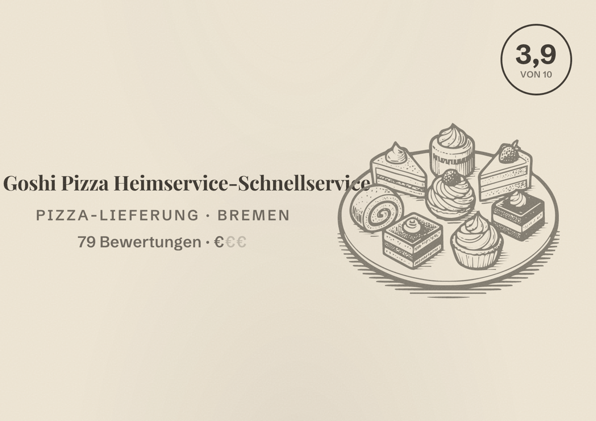 Illustriertes Poster von Goshi Pizza Heimservice-Schnellservice, Pizza-Lieferung in Bremen: Bewertung 3,9 von 10 aus 79 Bewertungen, Preisniveau €