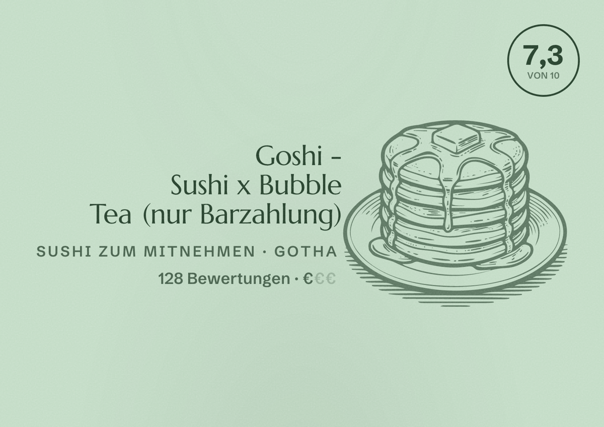 Illustriertes Poster von Goshi - Sushi x Bubble Tea (nur Barzahlung), Sushi zum Mitnehmen in Gotha: Bewertung 7,3 von 10 aus 128 Bewertungen, Preisniveau €