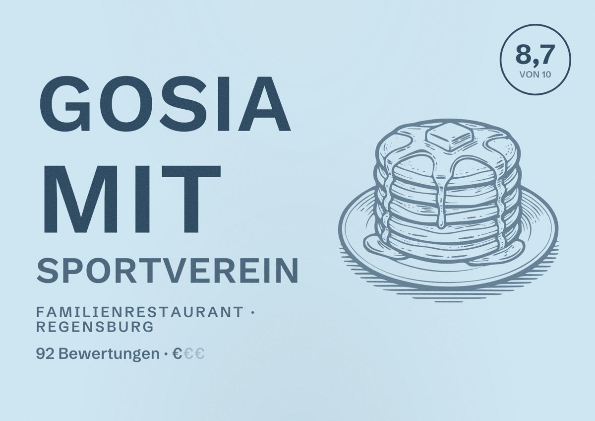 Illustriertes Poster von Gosia mit Sportverein, Familienrestaurant in Regensburg: Bewertung 8,7 von 10 aus 92 Bewertungen, Preisniveau €