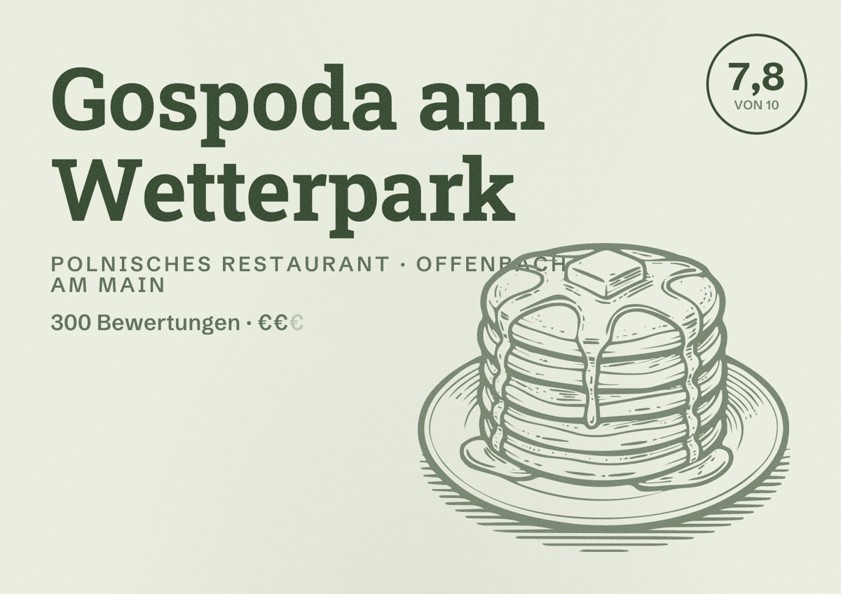 Illustriertes Poster von Gospoda am Wetterpark, Polnisches Restaurant in Offenbach am Main: Bewertung 7,8 von 10 aus 300 Bewertungen, Preisniveau €€