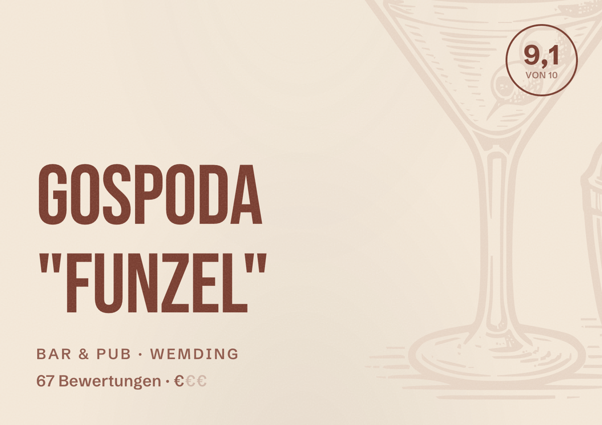 Illustriertes Poster von Gospoda "Funzel", Bar & Pub in Wemding: Bewertung 9,1 von 10 aus 67 Bewertungen, Preisniveau €